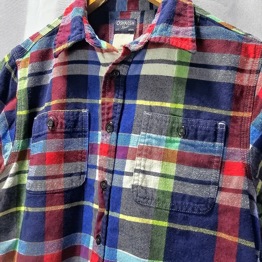 OshKosh Bgosh Boys Multicolor Plaid Flannel Button Down Shirt 12 Classic Outdoor